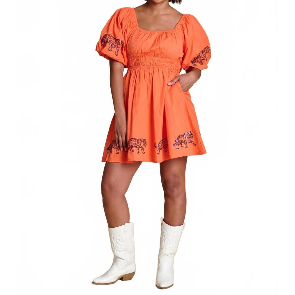NEW STEWART SIMMONS clemson sequin puff sleeve dress in orange